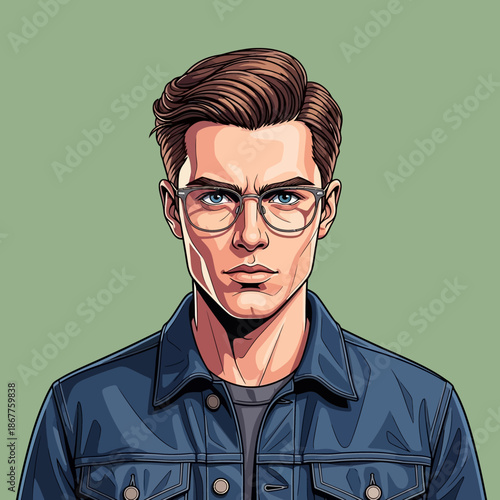 Illustration of a man wearing glasses and denim jacket.