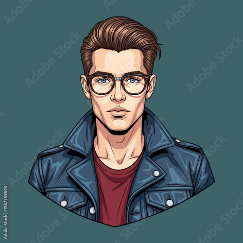Illustration of a man wearing glasses and leather jacket.