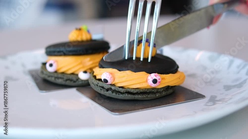 Halloween cake Food table arrangement prepared for Halloween party.