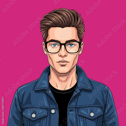 Illustration of a man wearing glasses and denim jacket.