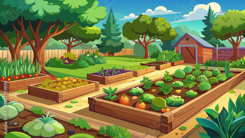 Backyard vegetable garden with raised beds and greenery