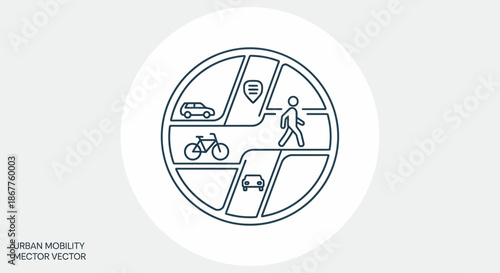 Urban mobility concept with various transportation modes and navigation elements.