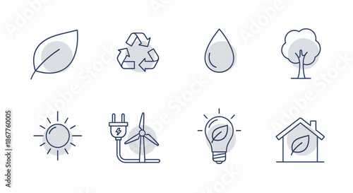 Eco-friendly line icons set for environmental sustainability and renewable energy solutions.