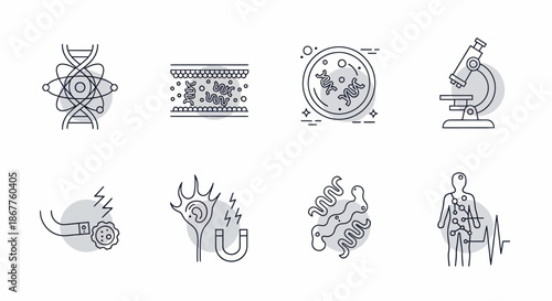 Set of medical and scientific research line icons.