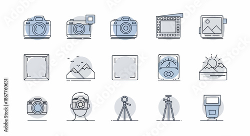 Photography and Camera Icons Set with Various Photographic Equipment.