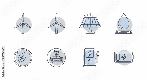 Set of icons representing renewable energy sources and sustainable practices.