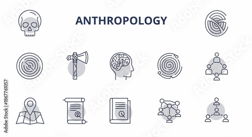 Anthropology line icons set with skull, brain, map, and ancient scrolls.