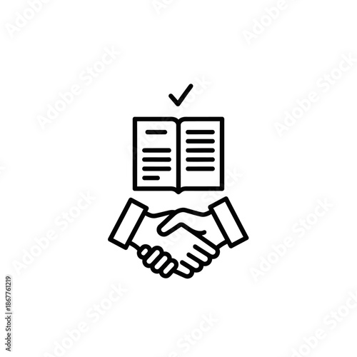 Professional Handshake Over Book with Checkmark Icon for Collaboration and Agreement