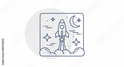 Rocket Launching into Night Sky with Stars and Moon.