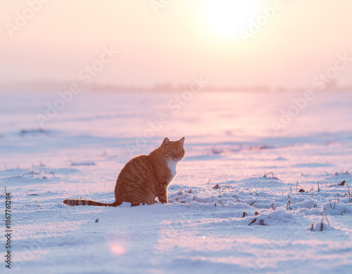 Minimal winter background with a small cat and open sky