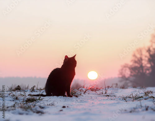 Silhouette of a cat at sunset with pastel winter sky