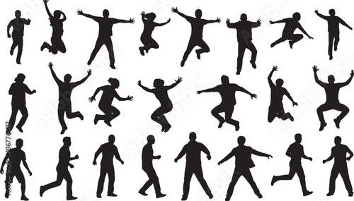 Set of jumping and active people silhouettes, happy human figures in dynamic poses like running, dancing and celebrating for sports graphics and success concepts.