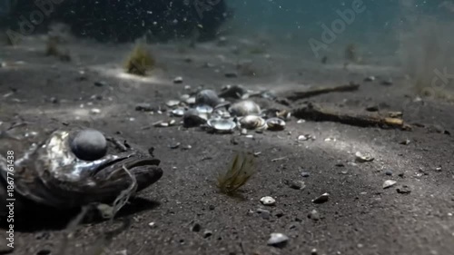Underwater view of a dead fish resting on the sandy seabed among seashells, and algae with sunlight filtering through the ocean.