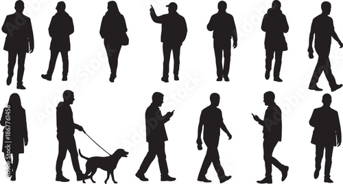 Set of casual people silhouettes walking and standing, human figures with dog and mobile phone for urban street scene, architectural rendering and site plan entourage.
