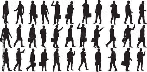 Set of professional businessman silhouettes with briefcases, male corporate figures in various poses like walking, standing, and gesturing for architectural rendering and business presentations.