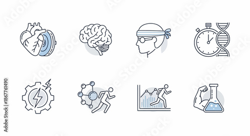 Set of eight line art icons representing human biology, performance, and scientific research.