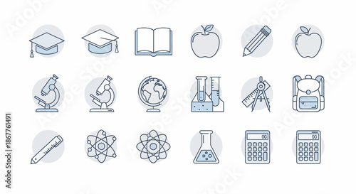 Collection of educational and scientific icons for learning and discovery.