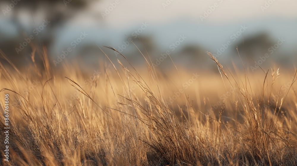 Fototapeta premium Blurred African Savanna Background with Golden Hour Bokeh Lights