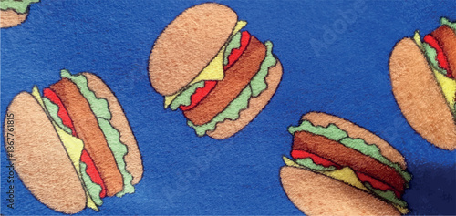 Blue fleece fabric texture with a burger print. Burger print on fabric. Cartoon burger texture background.