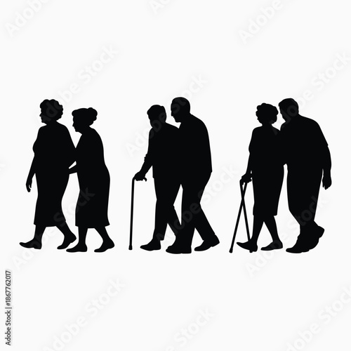 Silhouettes of elderly couples walking