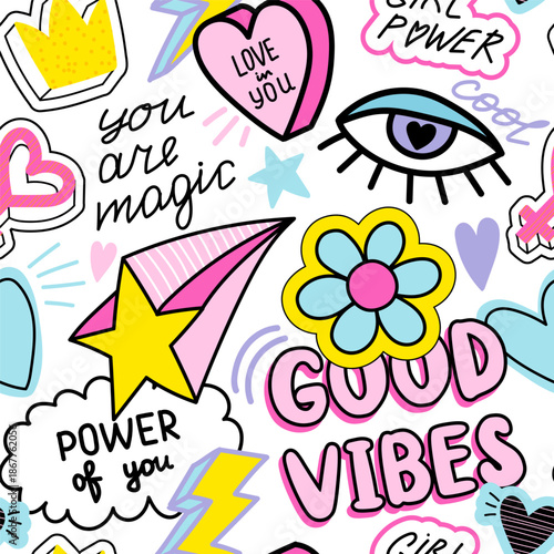 Seamless pattern with hand draw words, slogan, heart and flowers. Bright neon Abstract print on white background for fabric, wallpaper, apparel. Vector illustration 90 s