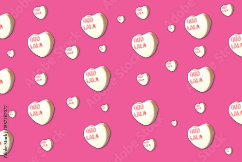Seamless repeating pattern background featuring floating heart-shaped conversation candies on a vibrant hot pink backdrop.