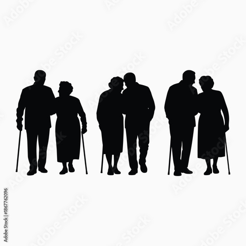 Silhouettes of elderly couples walking together