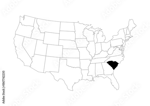 South Carolina (SC) State Location Map - Vector A4 Locator Highlight - Black State on Continental US Outline - Transparent Background SVG for Business & Education