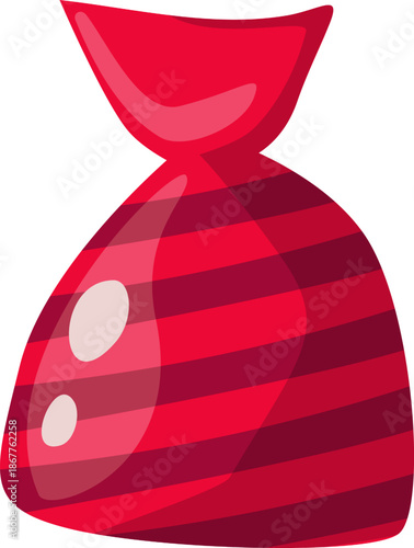 Single red striped candy in a shiny wrapper.