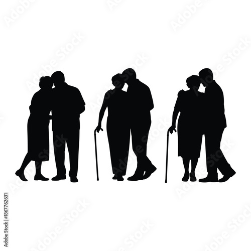 Silhouettes of elderly couples walking together