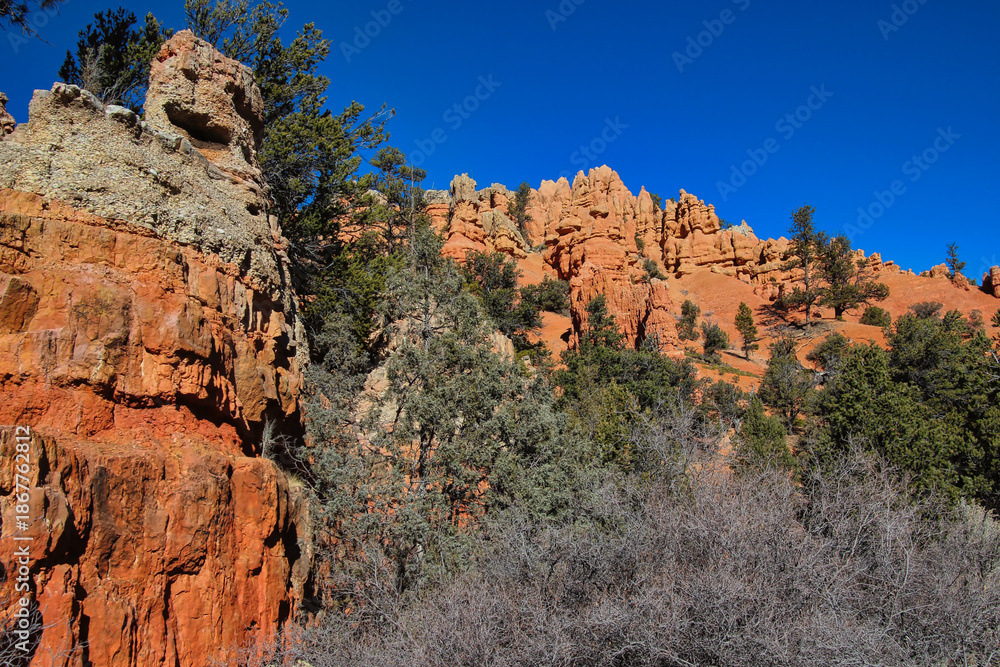 Fototapeta premium Stunning Red Hoodoos on Highway 12 in the Red Canyon of Dixie National Forest on the Way to Bryce National Park in Southern Utah.