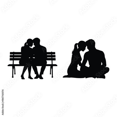 Silhouettes of couples on a bench and ground