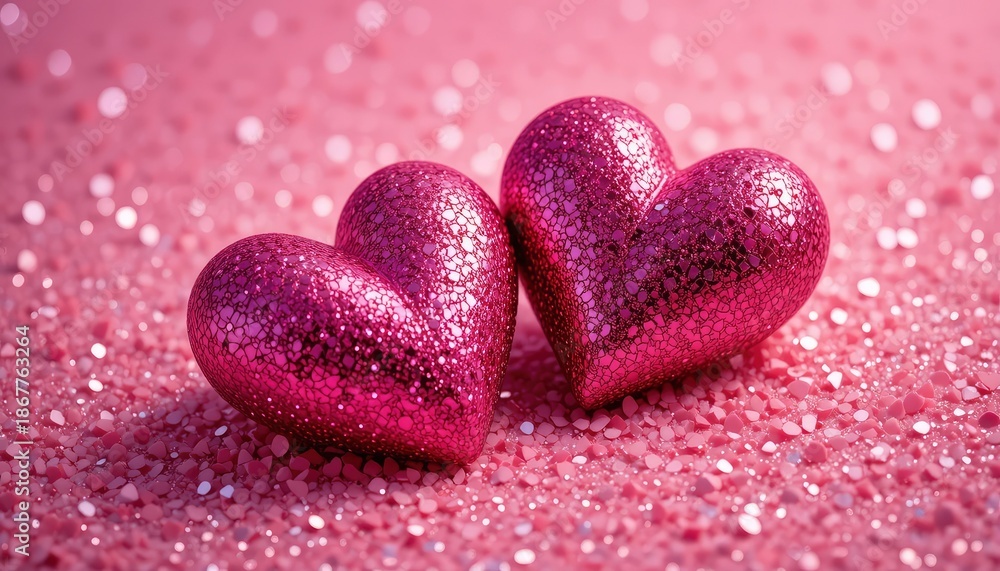 Fototapeta premium Two shiny hearts on pink glitter background for Valentine's Day