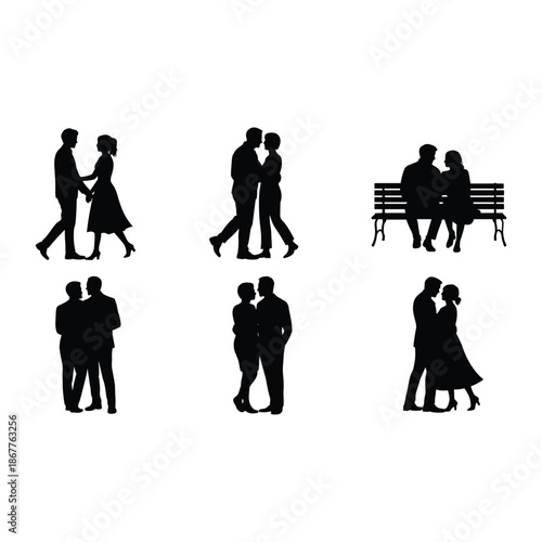 Silhouettes of couples in various intimate moments