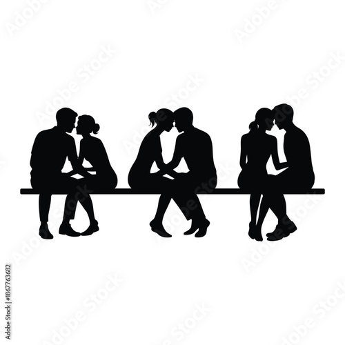 Silhouettes of couples on a bench