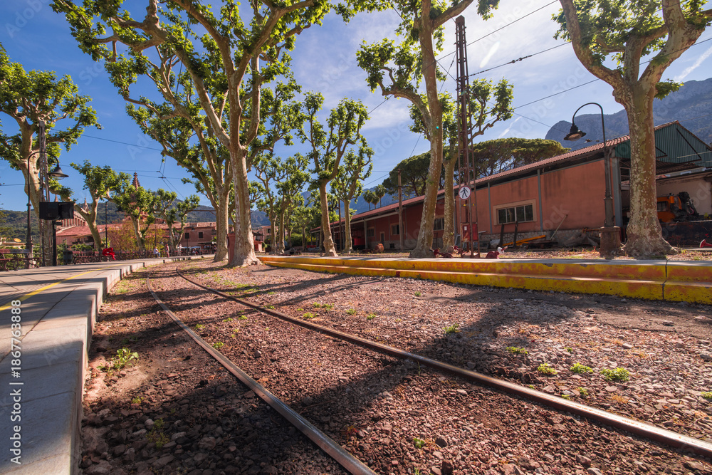 Obraz premium The train station in Soller Majorca Spain during the day. The train or tram takes you to the port of Soller or mainland Majorca.