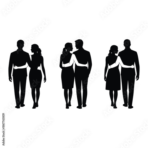 Silhouettes of couples walking together