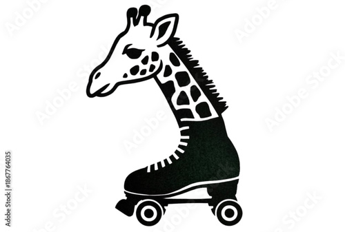 Whimsical giraffe head merged with vintage roller skate