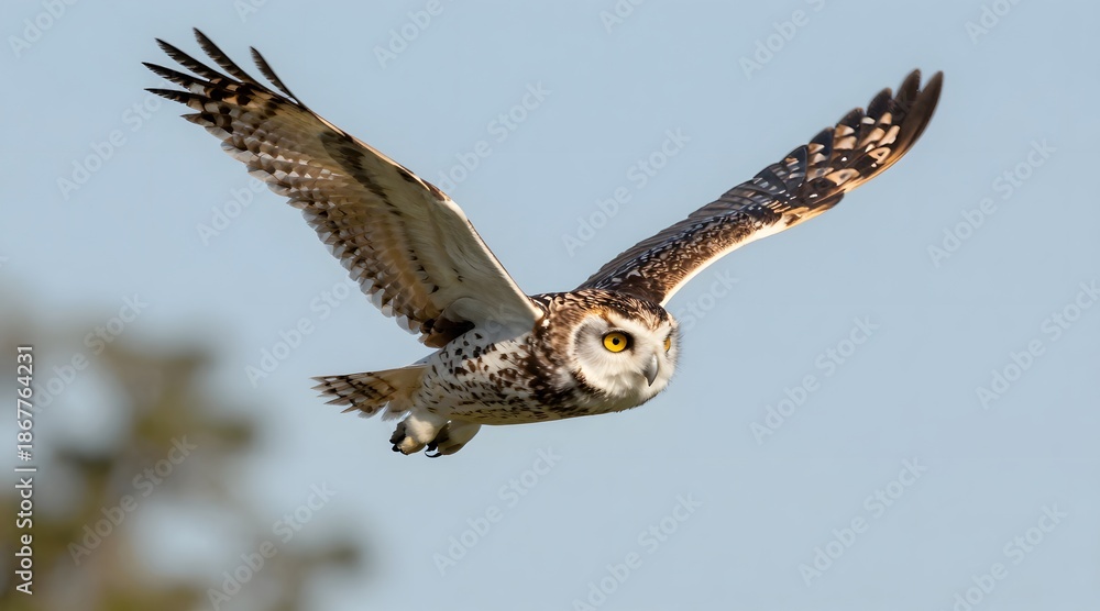 Obraz premium Short eared owl soars through the air with wings spread