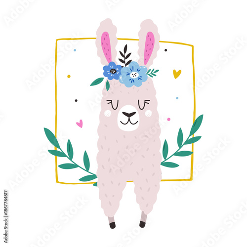Adorable Pink Llama Character with Floral Crown Cartoon Vector Illustration for Kids