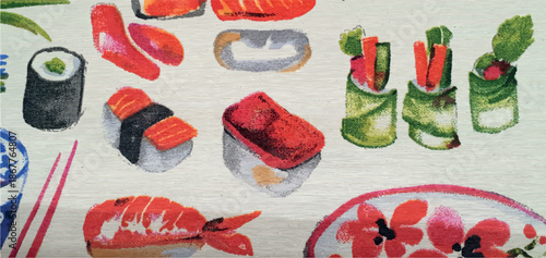 Sushi and ramen ornament. Print with asian food, sushi, maki, and ramen. Texture pattern with asian food.