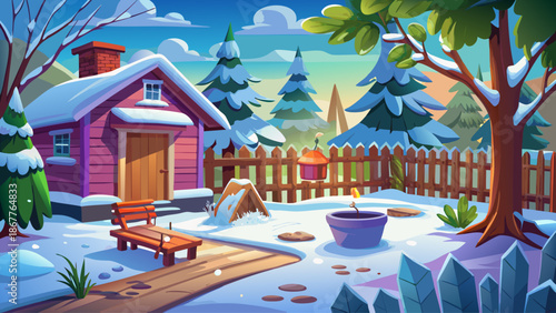 Winter backyard with snow-covered garden and wooden fence