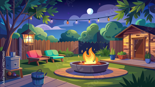 Backyard with fire pit and seating area at night