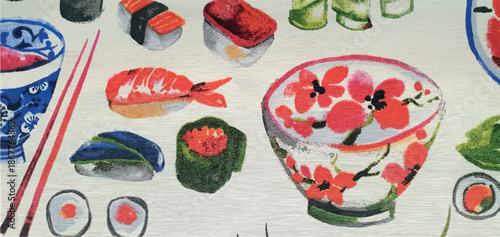 Sushi and ramen ornament. Print with asian food, sushi, maki, and ramen. Texture pattern with asian food.