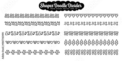 Hand drawn doodle geometric dividers and borders featuring doodle shapes like triangles, circles, and lines in a sketchy black and white style.