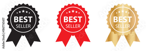 Best Seller 2025 Vector Badge Collection, Set of Gold Laurel Wreath and Ribbon Awards, E-commerce, Marketing, and Product Quality Star Logo Design Elements.