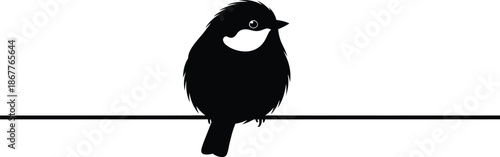 A small black bird perched on a thin wire against a white background