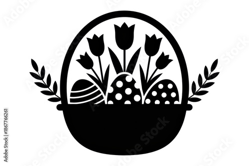 Delightful spring basket filled with vibrant tulips and colorful decorated eggs, symbolizing the joy of Easter celebrations and the renewal of nature during this bright season