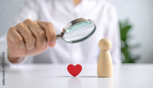 A hand is holding a magnifying glass towards wooden figure and a heart