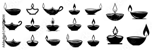 Traditional burning oil lamps collection for diwali festival celebration